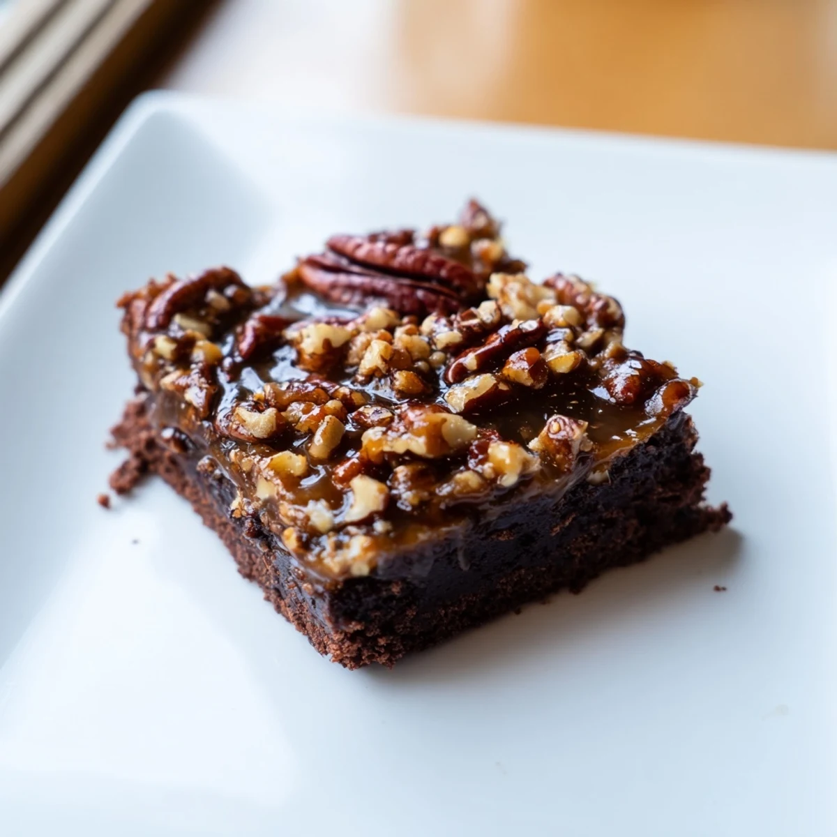Warm, gooey New Orleans Praline Brownies with Pecans sit beside a scoop of melting vanilla ice cream.