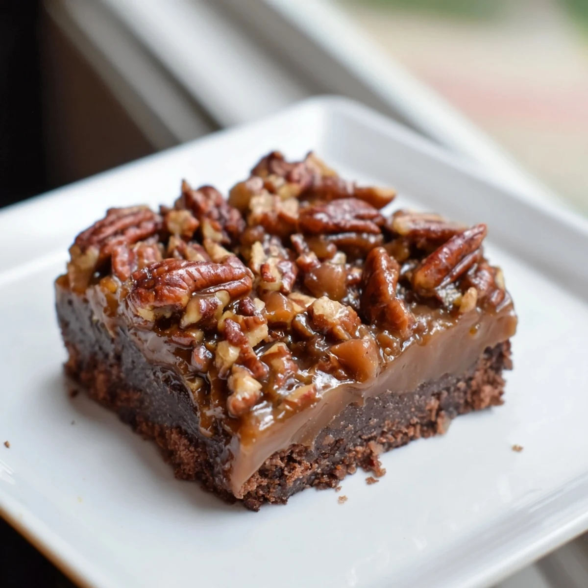 Fudgy squares of New Orleans Praline Brownies with Pecans feature toasted pecans in a rich, caramel-praline glaze.