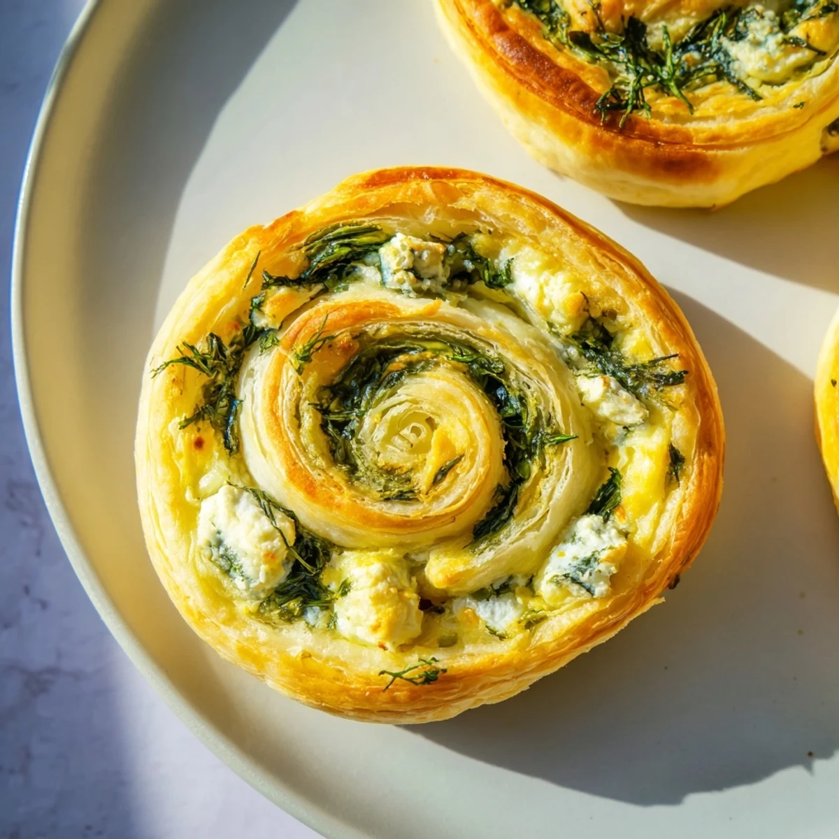 Golden-brown Spinach and Feta Puff Pastry Pinwheels with flaky layers and vibrant green filling on a rustic board.  