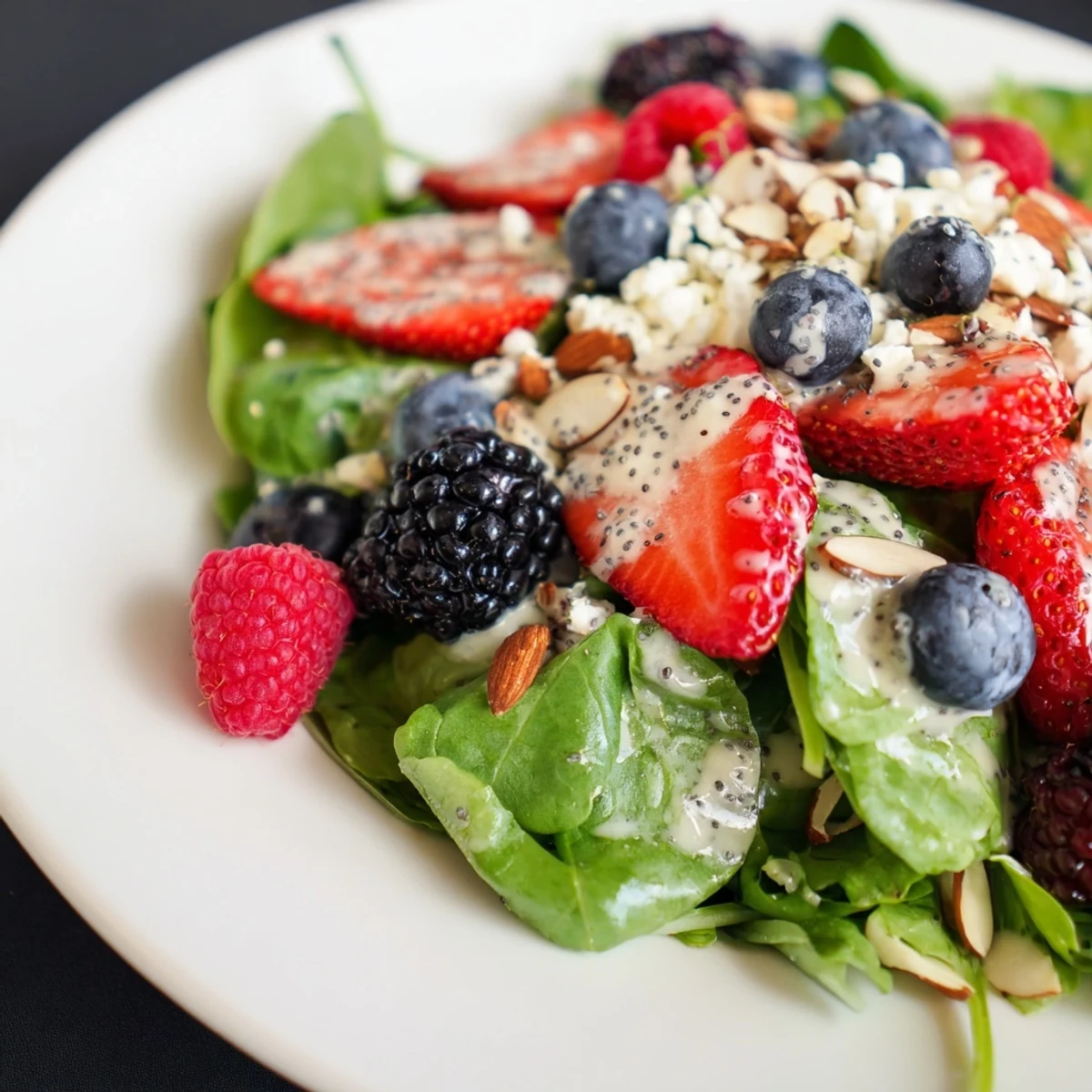 A vibrant bowl of Berry Salad with Poppy Seed Dressing showcases a colorful medley of fresh berries over crisp greens, topped with toasted almonds and crumbled feta cheese.