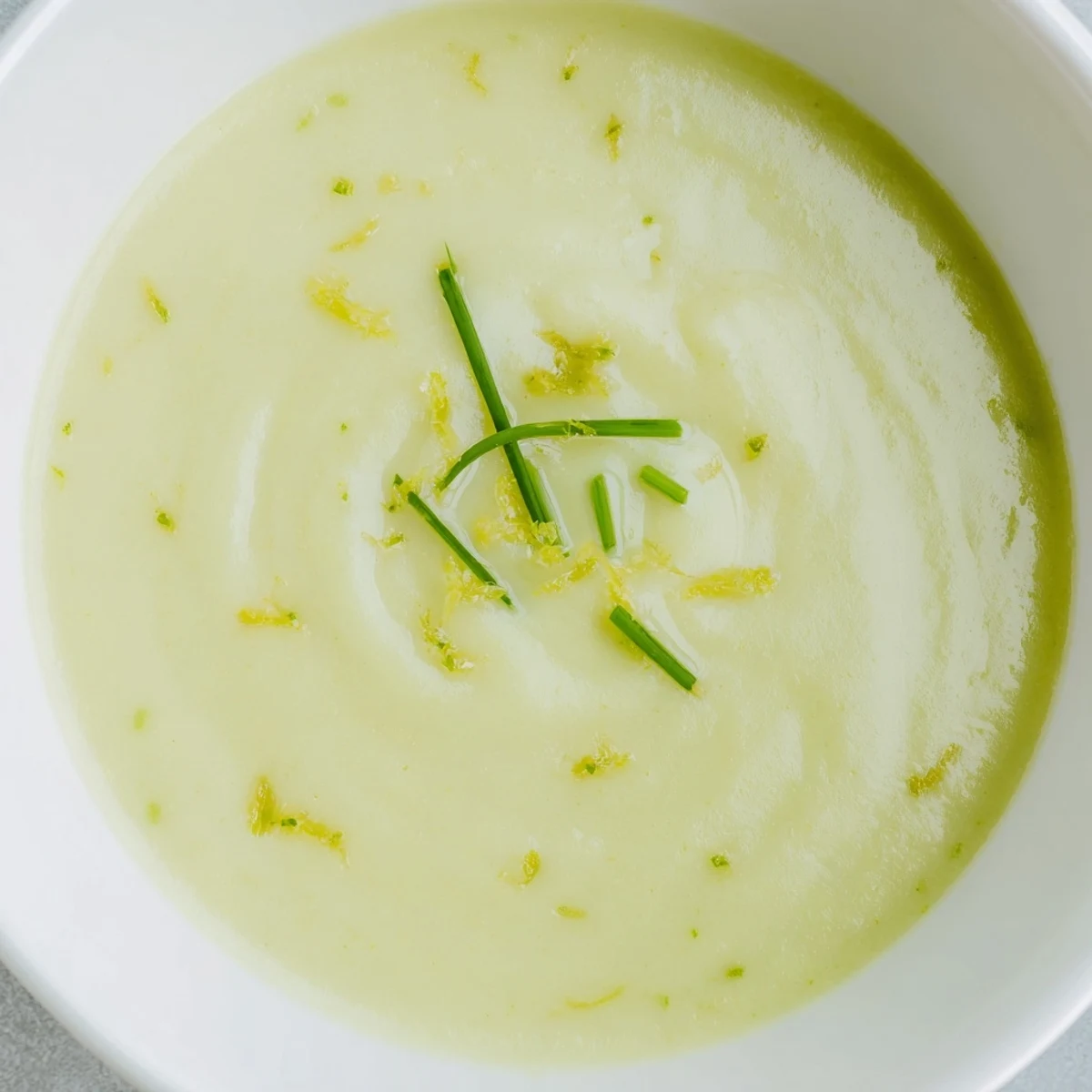 Velvety Creamy Asparagus Soup with Lemon in a white ceramic bowl, perfect for a light spring appetizer or dinner starter.