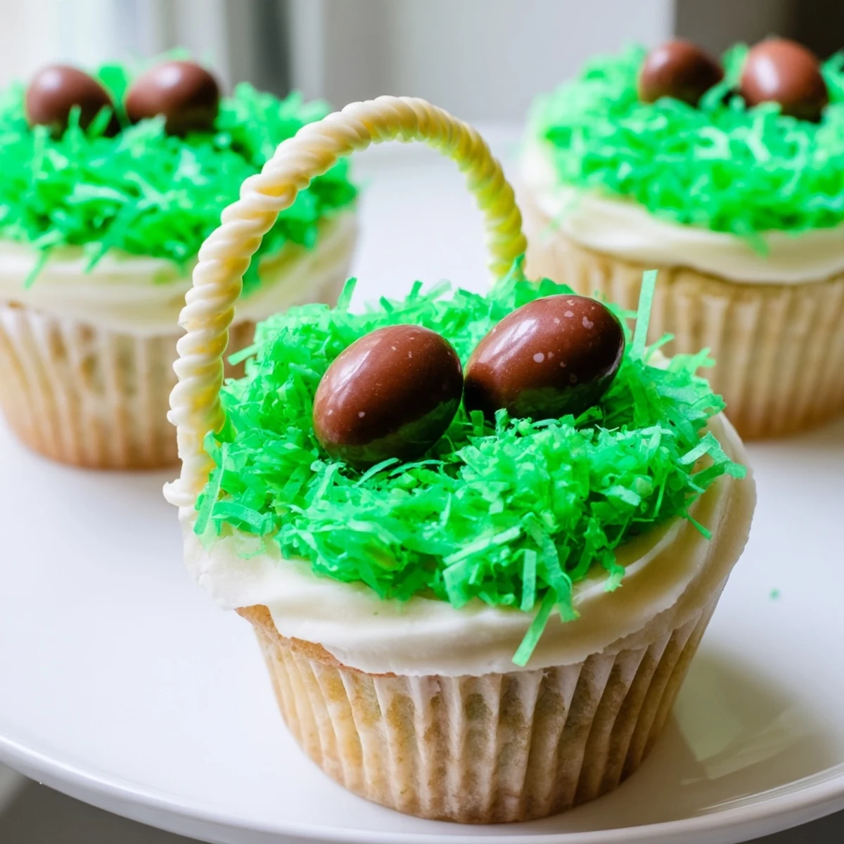 Easter Basket Cupcakes with Coconut Grass are piled high with fluffy green coconut and speckled with colorful candy eggs.