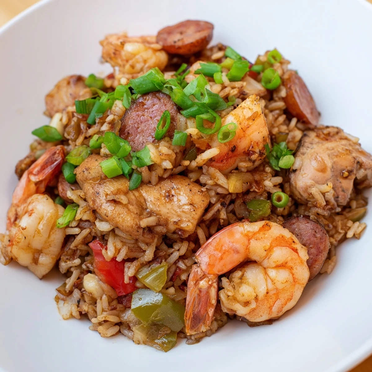 A close-up of Mardi Gras Jambalaya with Chicken and Shrimp, featuring plump pink shrimp, browned chicken pieces, and spicy andouille sausage nestled in fluffy rice.
