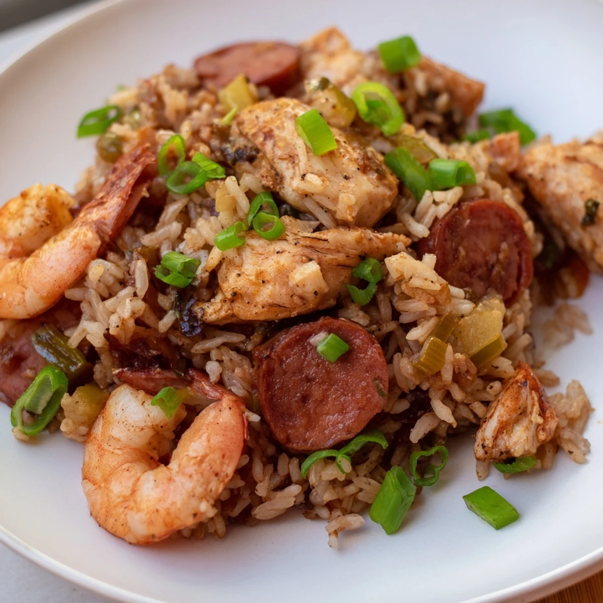 Vibrant Mardi Gras Jambalaya with Chicken and Shrimp steaming in a Dutch oven, garnished with fresh green onions and parsley for a festive Creole presentation.