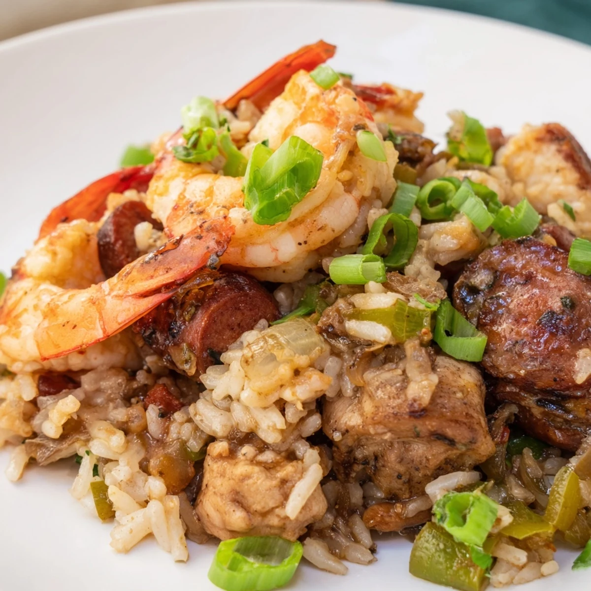 Colorful Mardi Gras Jambalaya with Chicken and Shrimp served in a rustic bowl, showcasing tender meat, diced vegetables, and aromatic spices perfect for a lively gathering.