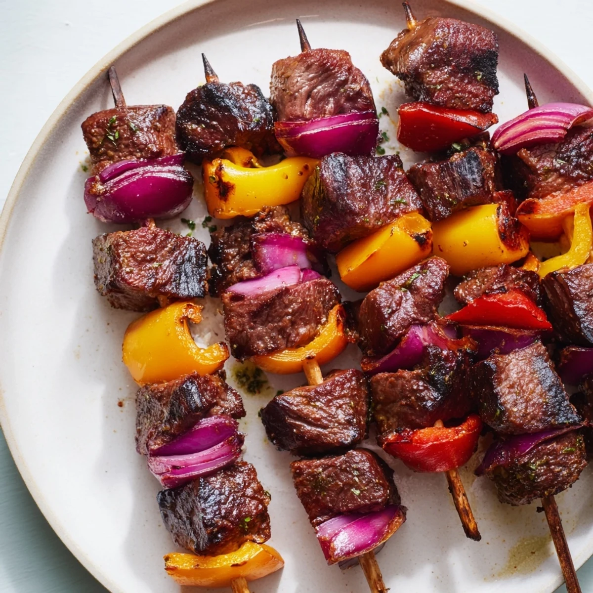 Tender marinated beef cubes and chunky vegetables on skewers rest beside fresh herbs for a flavorful Mediterranean-inspired meal.