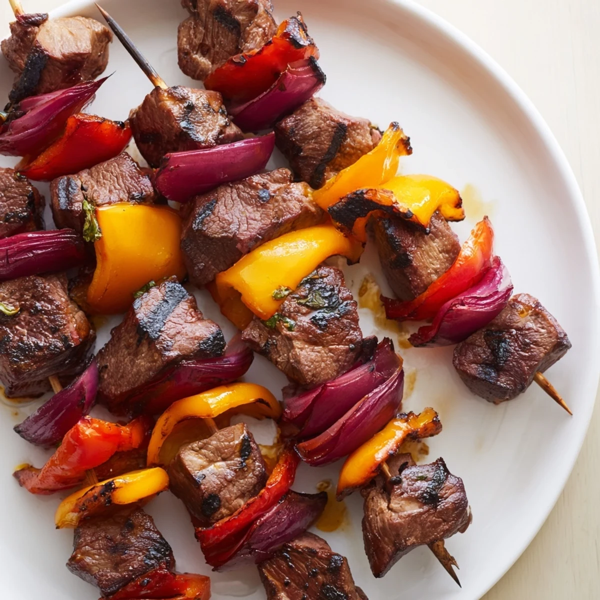 Beef Kebabs with Bell Peppers and Onions are served hot off the grill, ready to be enjoyed with a side of rice.