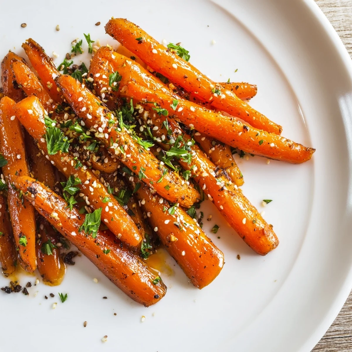 Roasted Carrots with Maple and Cumin glisten on a platter, their edges caramelized and garnished with fresh parsley and sesame seeds.