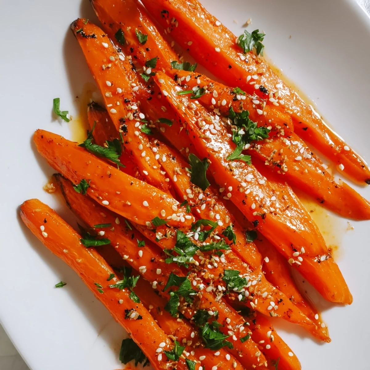 A close-up shows golden roasted carrots glazed with maple and cumin, served warm as a vibrant vegetarian side dish.