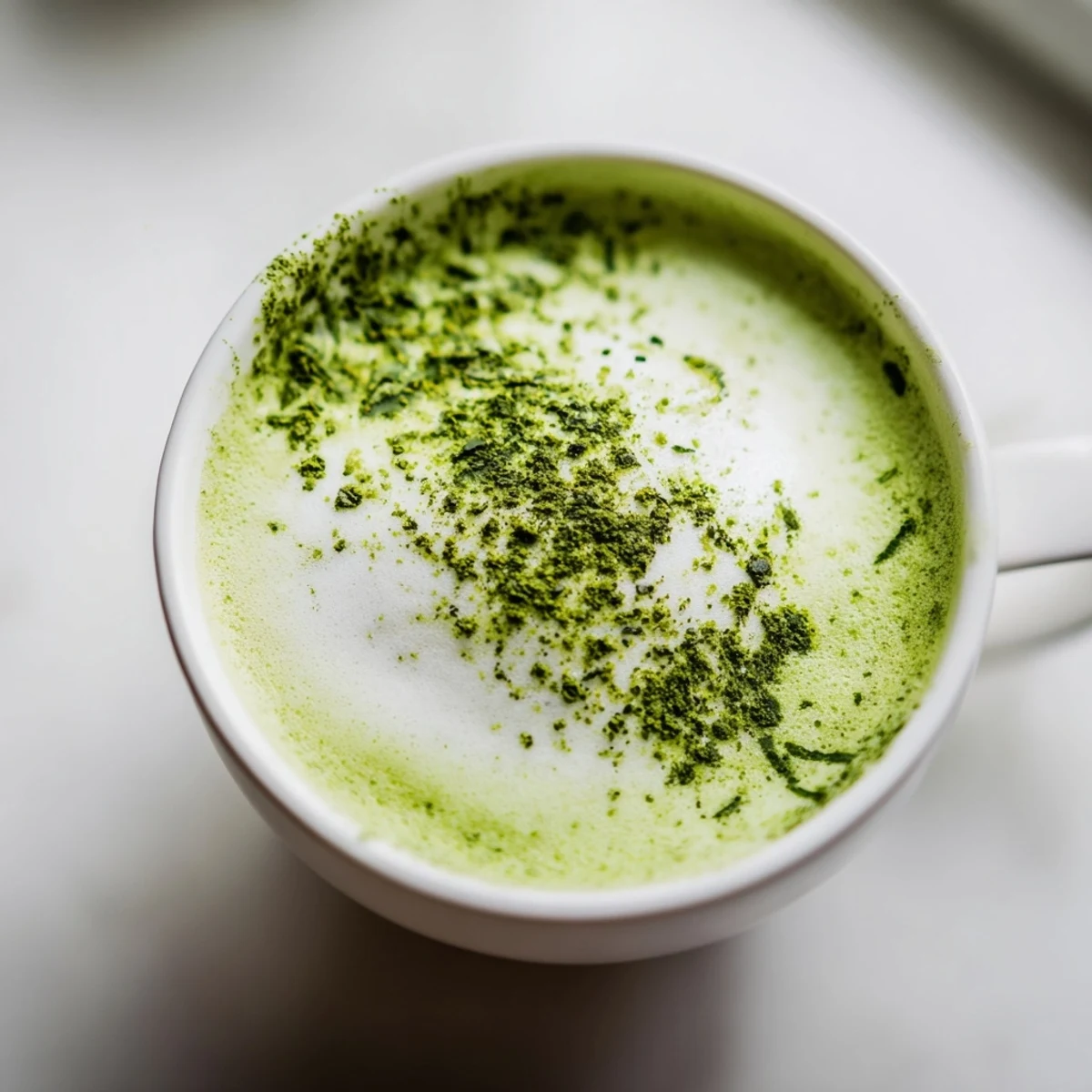 Creamy, frothy Green Matcha Latte with Almond Milk poured into a glass, showcasing vibrant green swirls.