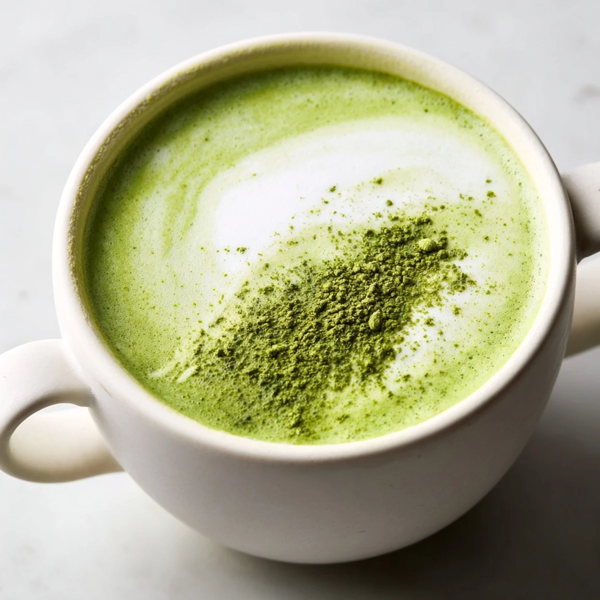 Homemade Green Matcha Latte with Almond Milk served iced over cubes, garnished with a fresh mint sprig for a refreshing twist.
