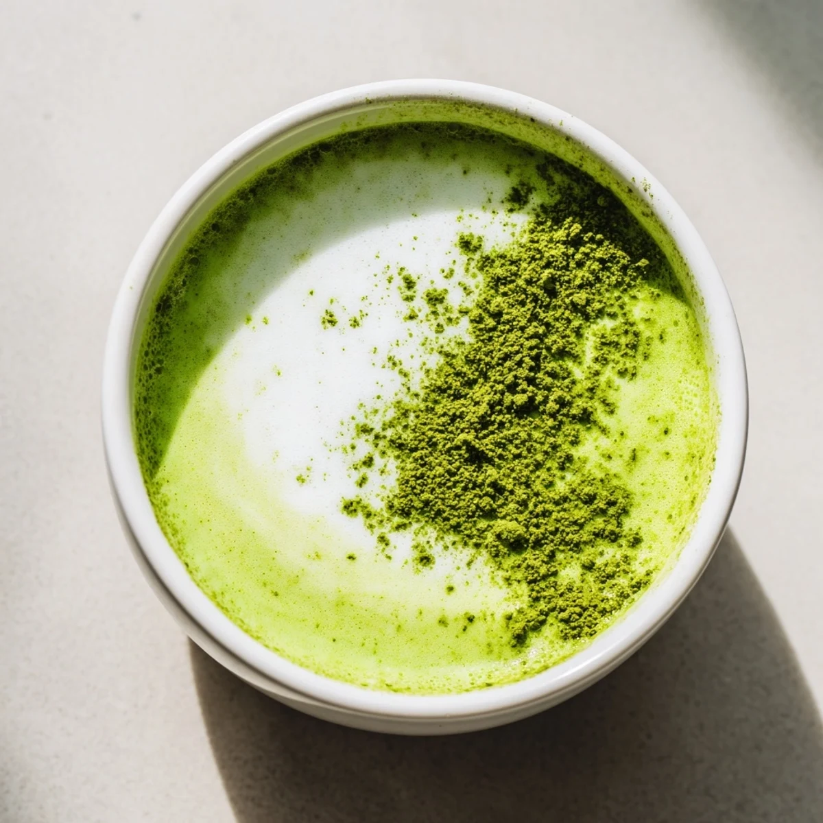 A vibrant Green Matcha Latte with Almond Milk topped with a delicate layer of foam and a light dusting of matcha.