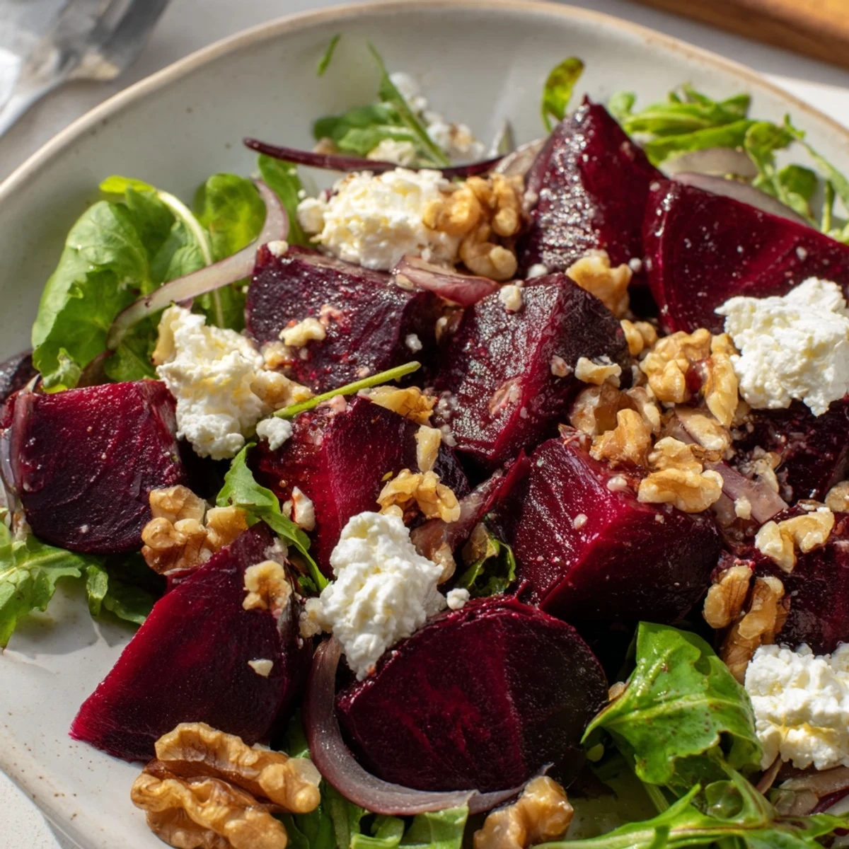 A colorful Roasted Beet Salad with Goat Cheese and walnuts, showcasing roasted beet wedges and creamy cheese crumbles on a fresh green bed.