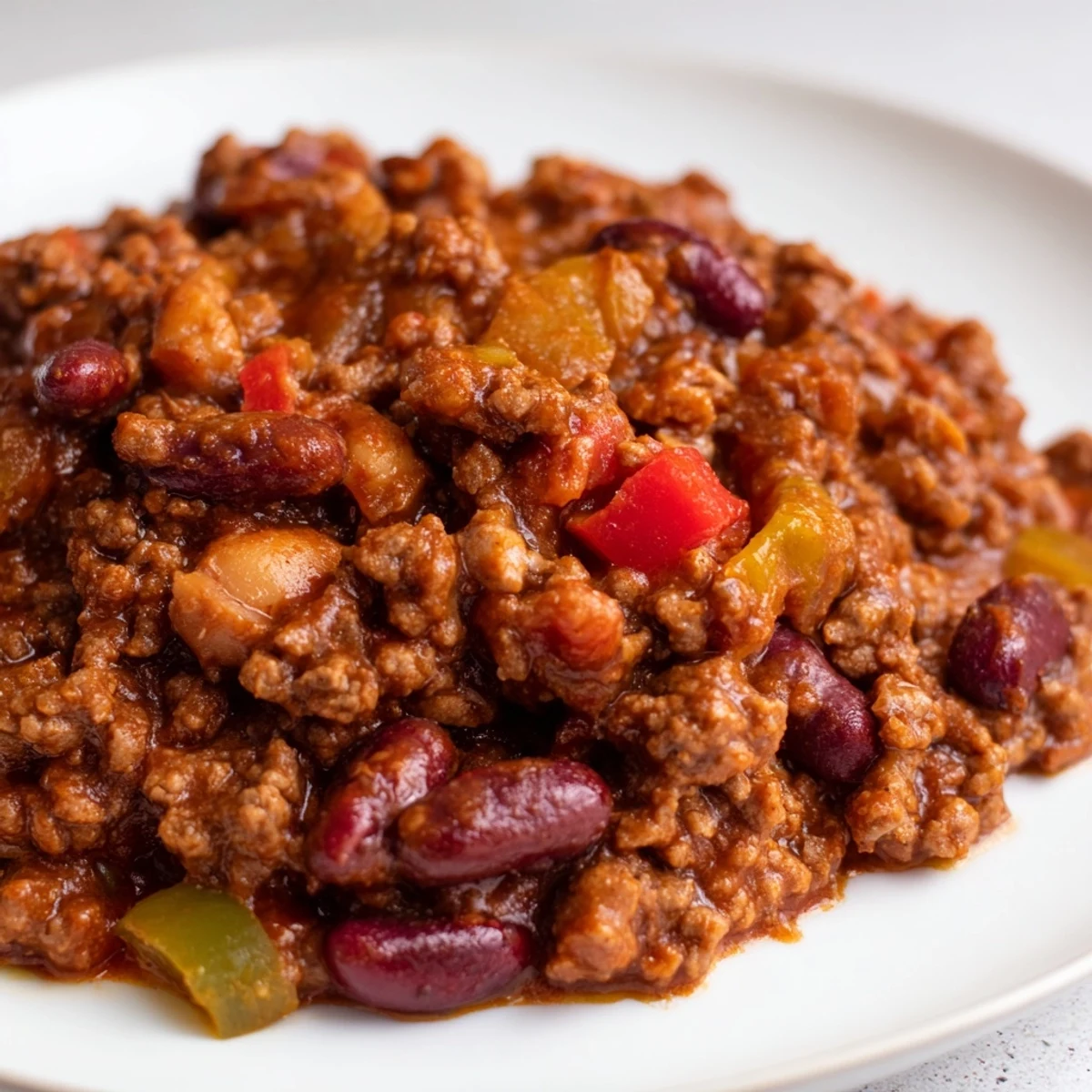 A close-up of steaming spicy beef chili with kidney beans, topped with melted cheese and cilantro.