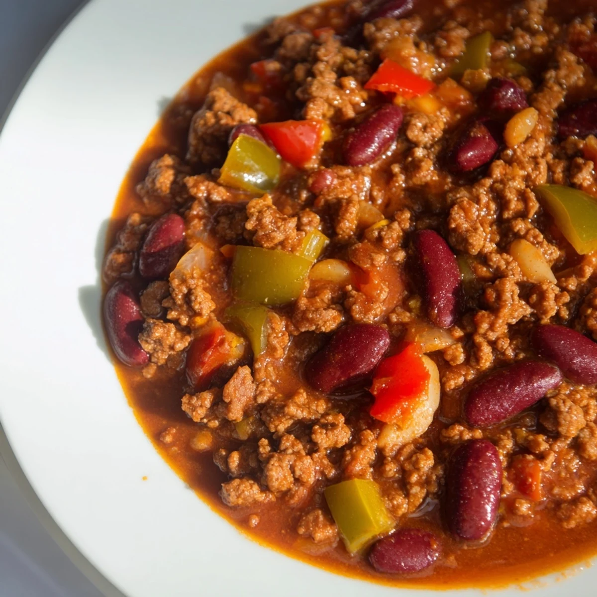 Thick, hearty spicy beef chili with kidney beans simmering in a rustic pot, perfect for a cozy dinner.