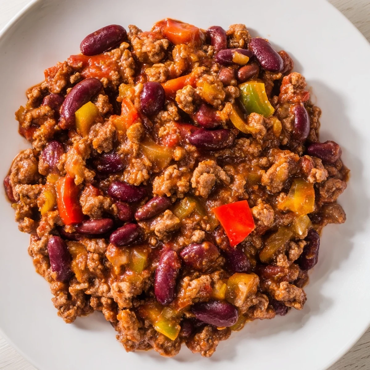 A bowl of spicy beef chili with kidney beans served with warm cornbread, showcasing rich red sauce.