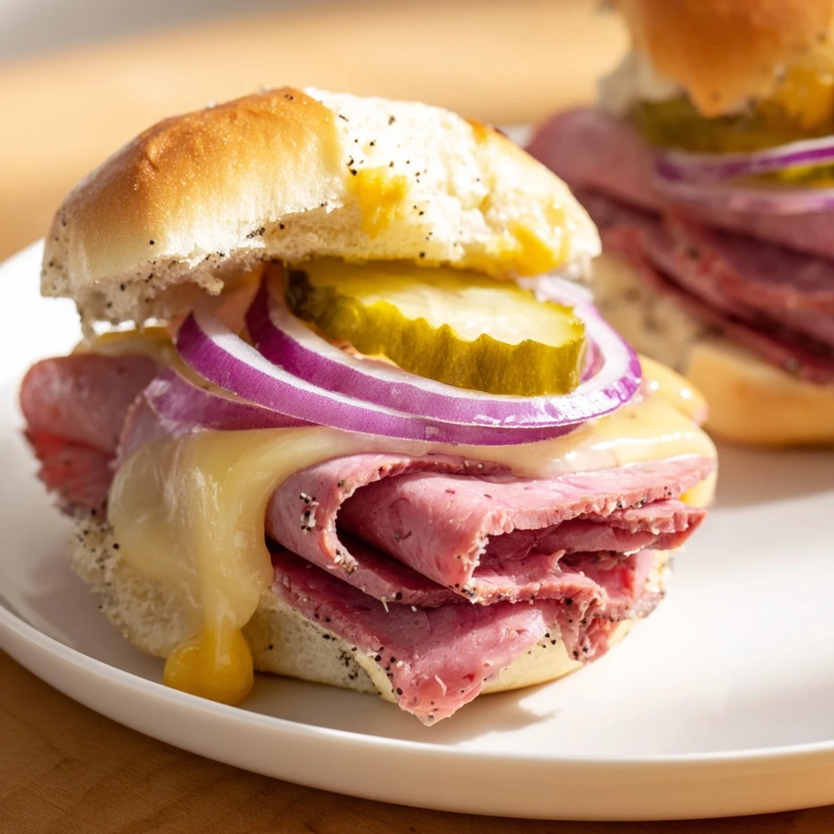 Twelve warm Corned Beef Sliders with Mustard arranged on a baking sheet, garnished with crisp pickles and thin red onion rings.