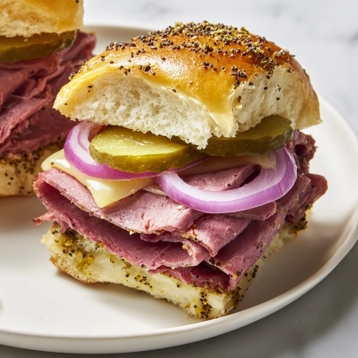 A close-up of Corned Beef Sliders with Mustard revealing juicy layers and melted Swiss, ready for a St. Patrick's Day party.