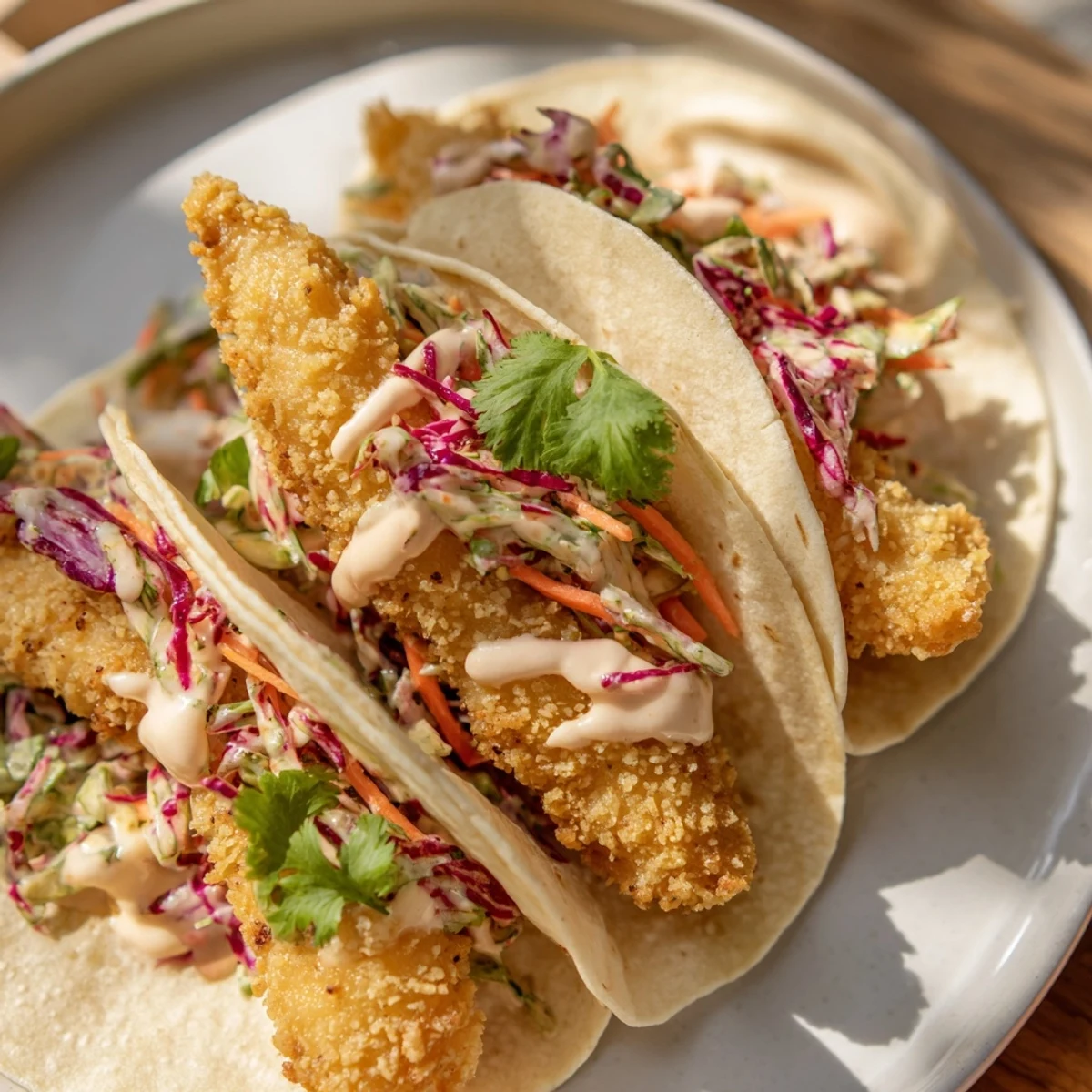 Golden battered fish fillets tucked into soft tortillas with crunchy cabbage slaw and crema.