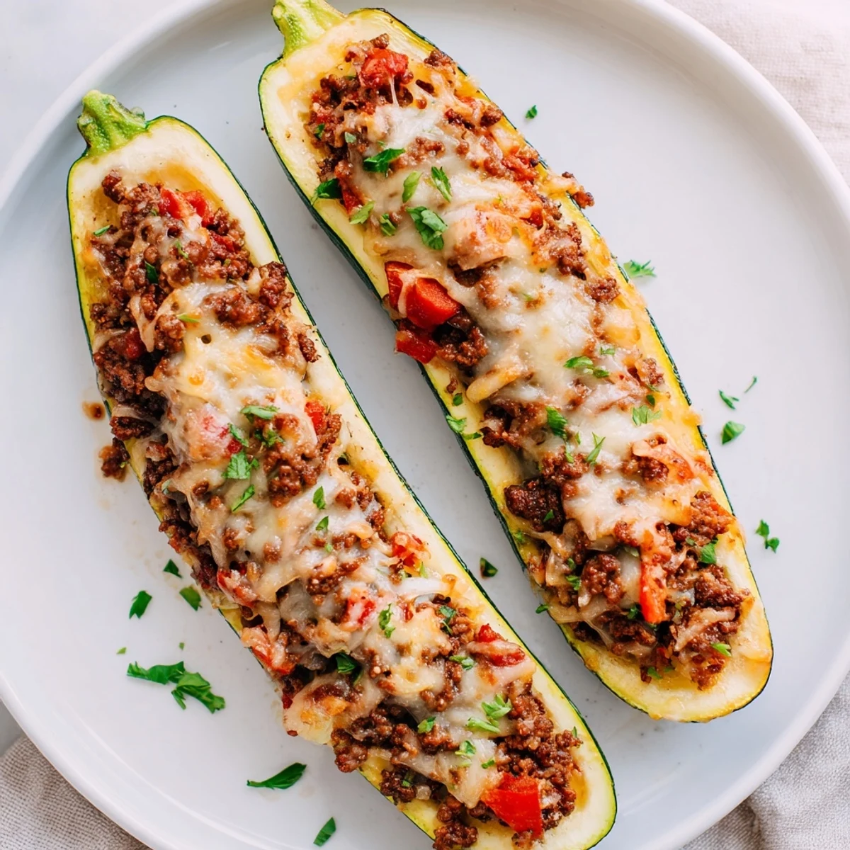 Close-up of Zucchini Boats Stuffed with Ground Beef revealing juicy beef filling and bubbly cheese in baked zucchini.