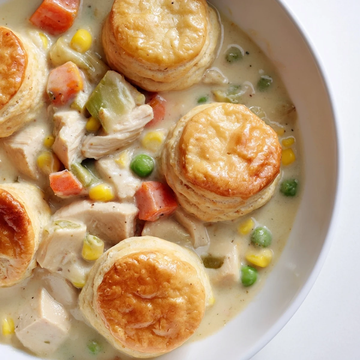 Steamy, creamy Chicken Pot Pie Soup bubbling in a baking dish, topped with golden, flaky biscuits ready to serve.