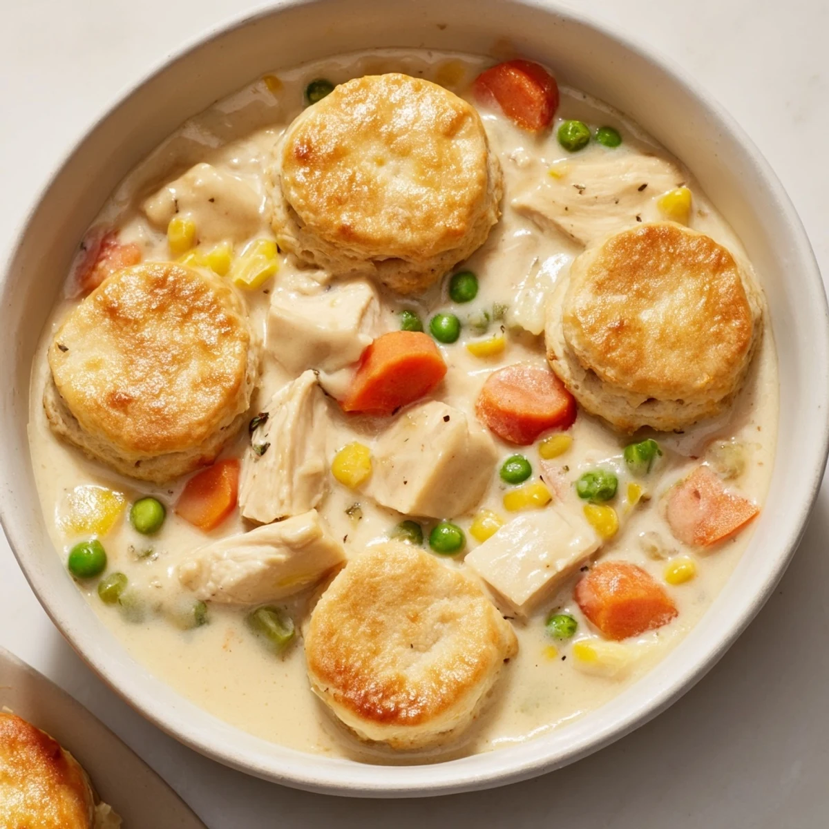 Golden baked biscuits sit atop rich Chicken Pot Pie Soup, garnished with fresh parsley on a white ceramic bowl.