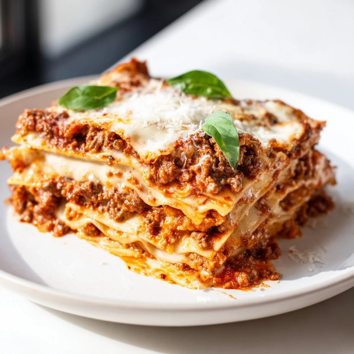 Freshly baked Classic Beef Lasagna with layers of bubbly marinara and golden melted cheese.