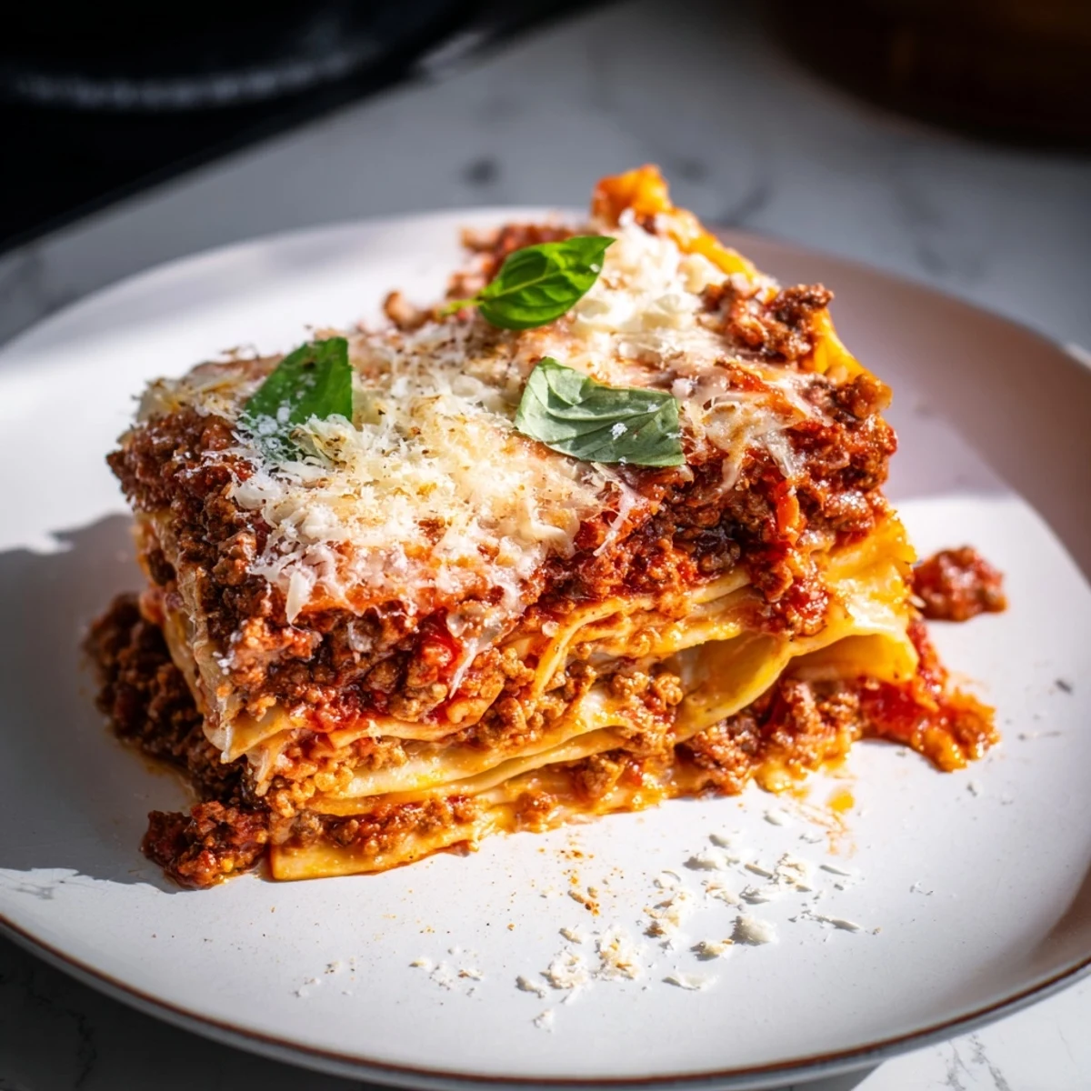 Steaming Classic Beef Lasagna in a baking dish, garnished with fresh basil leaves.