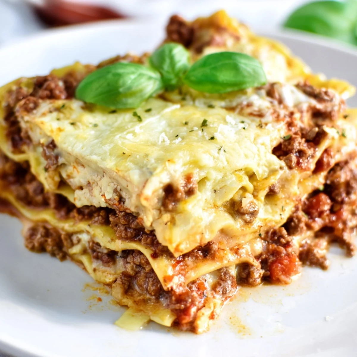 Classic Beef Lasagna served warm with a side of garlic bread for dinner.