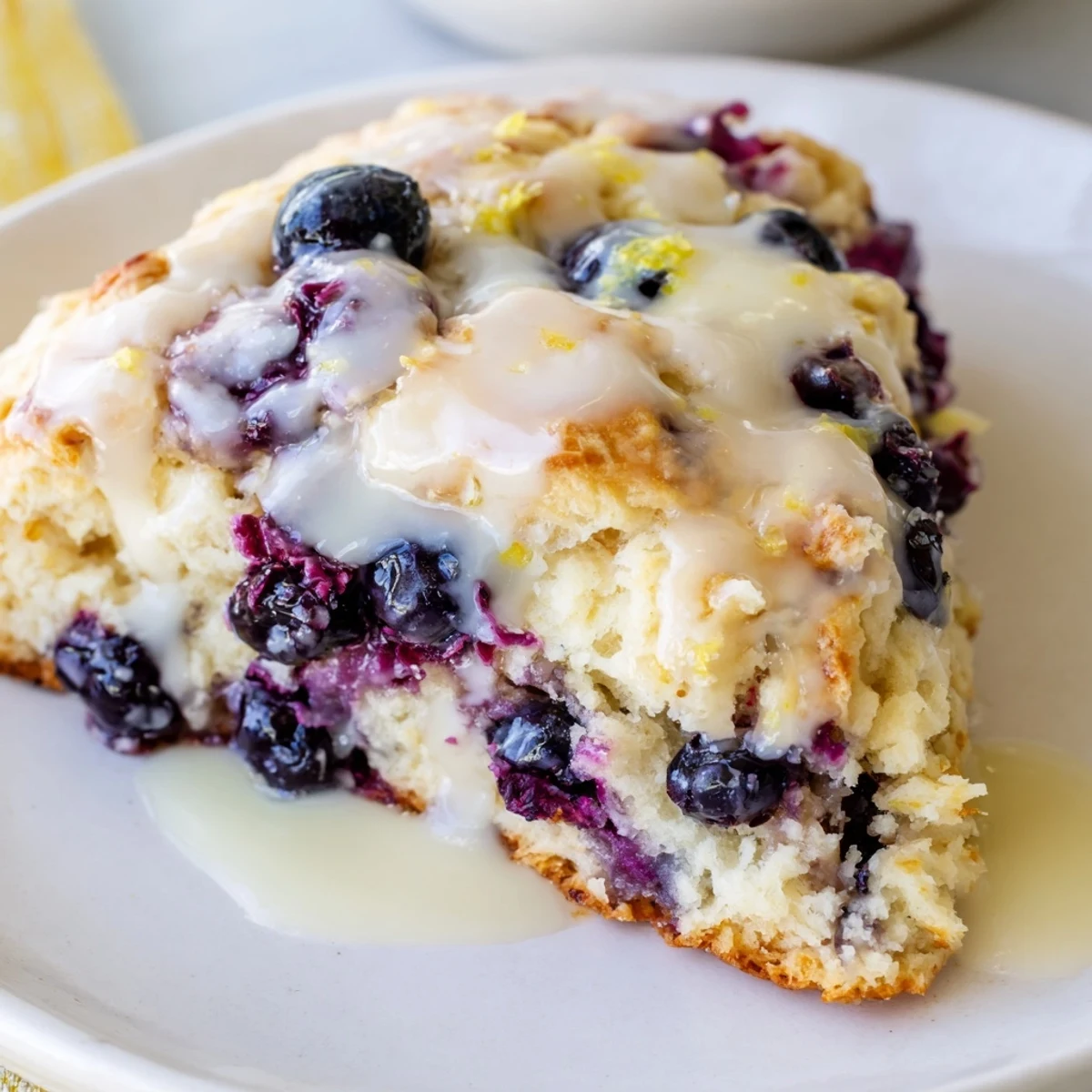 Freshly baked Lemon Blueberry Scones with Vanilla Glaze on a marble counter, showing juicy berries and a drizzled glaze.
