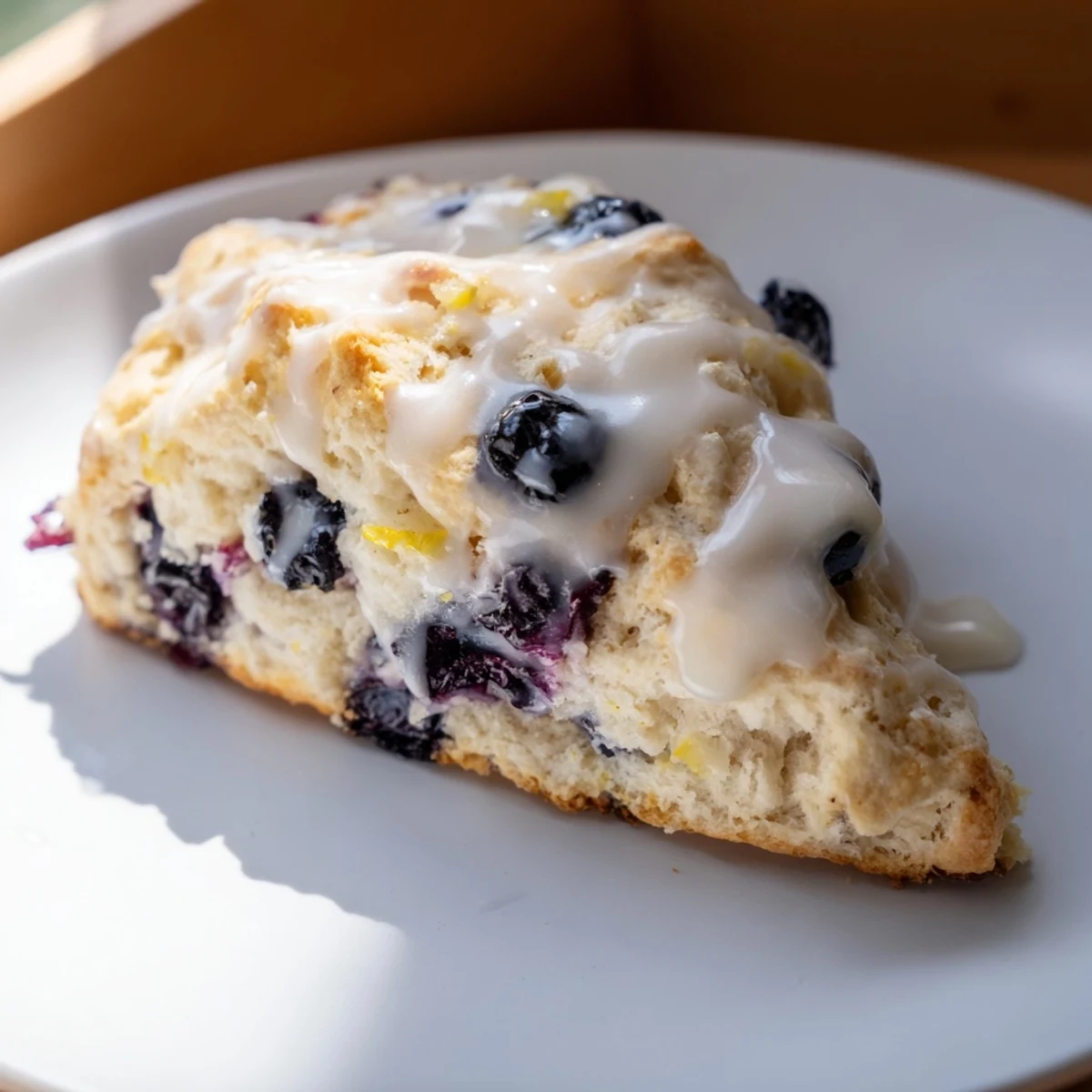 A close-up of golden Lemon Blueberry Scones with Vanilla Glaze, highlighting tender crumbs and bright citrus zest.