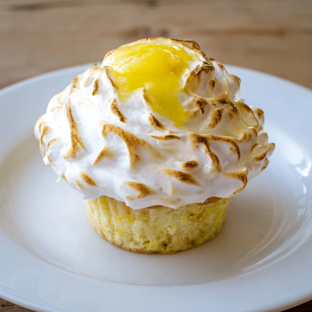 A close-up of Lemon Meringue Cupcakes showing the tangy lemon curd filling and fluffy meringue topping.