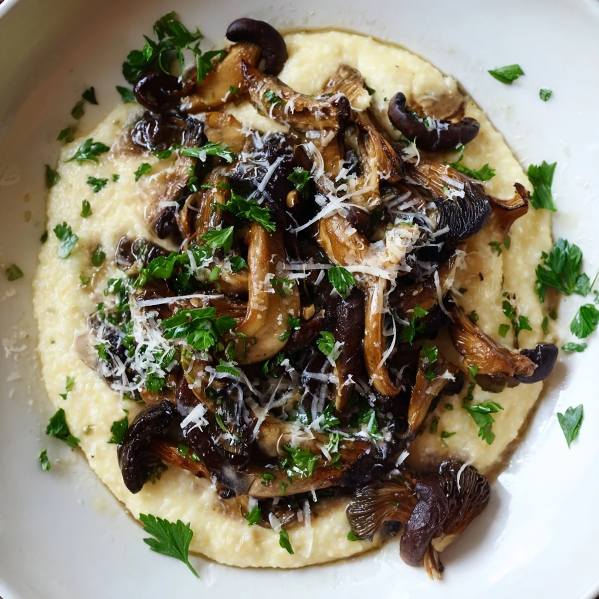 Creamy polenta with roasted mushrooms sits in a rustic bowl, garnished with fresh parsley and grated Parmesan for a cozy vegetarian dinner.