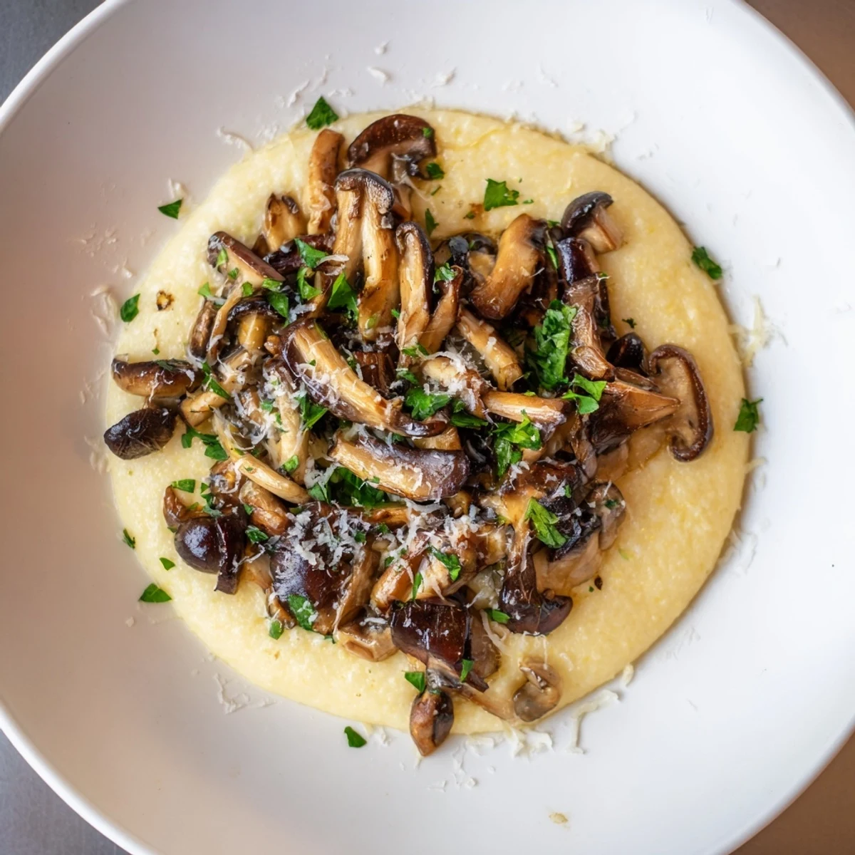 A close-up of creamy polenta with roasted mushrooms shows buttery Parmesan swirls and savory thyme-scented mushrooms, ideal for a comforting gluten-free main dish.