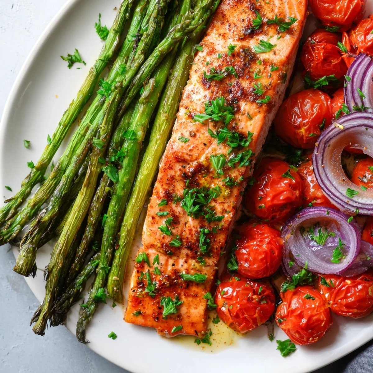 Sheet Pan Salmon with Asparagus and Tomatoes roasted with juicy fillets and vibrant veggies.