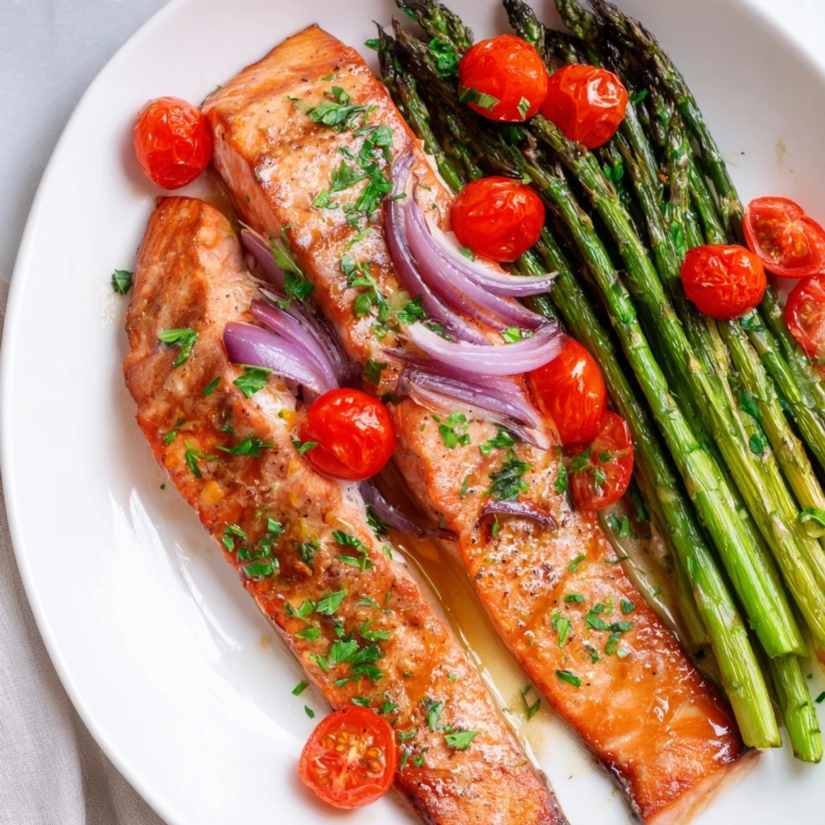Roasted Sheet Pan Salmon with Asparagus and Tomatoes glistening with lemon-garlic marinade.