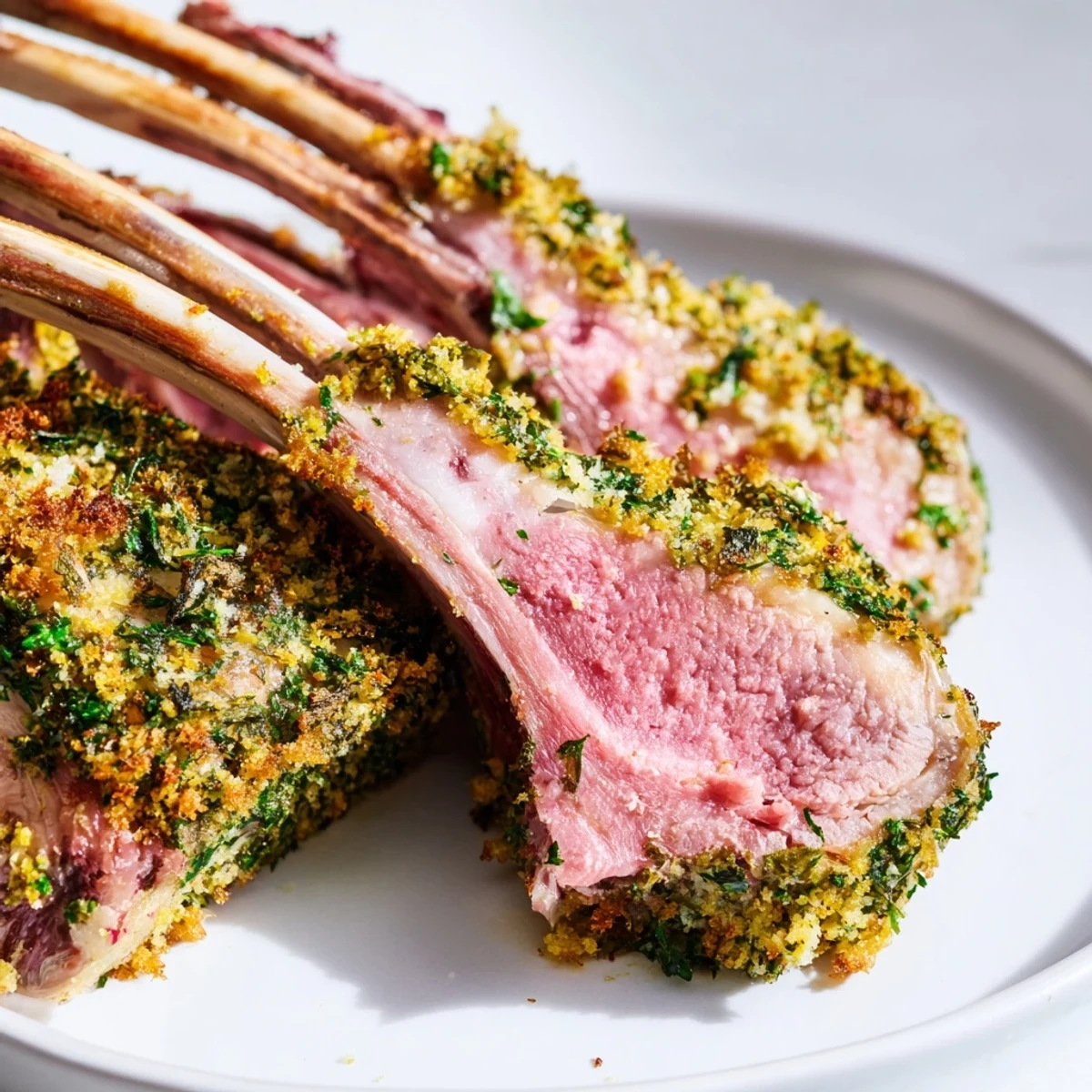Roasted Lamb Rack with Herb Crust sitting on a white plate, garnished with fresh rosemary and thyme.