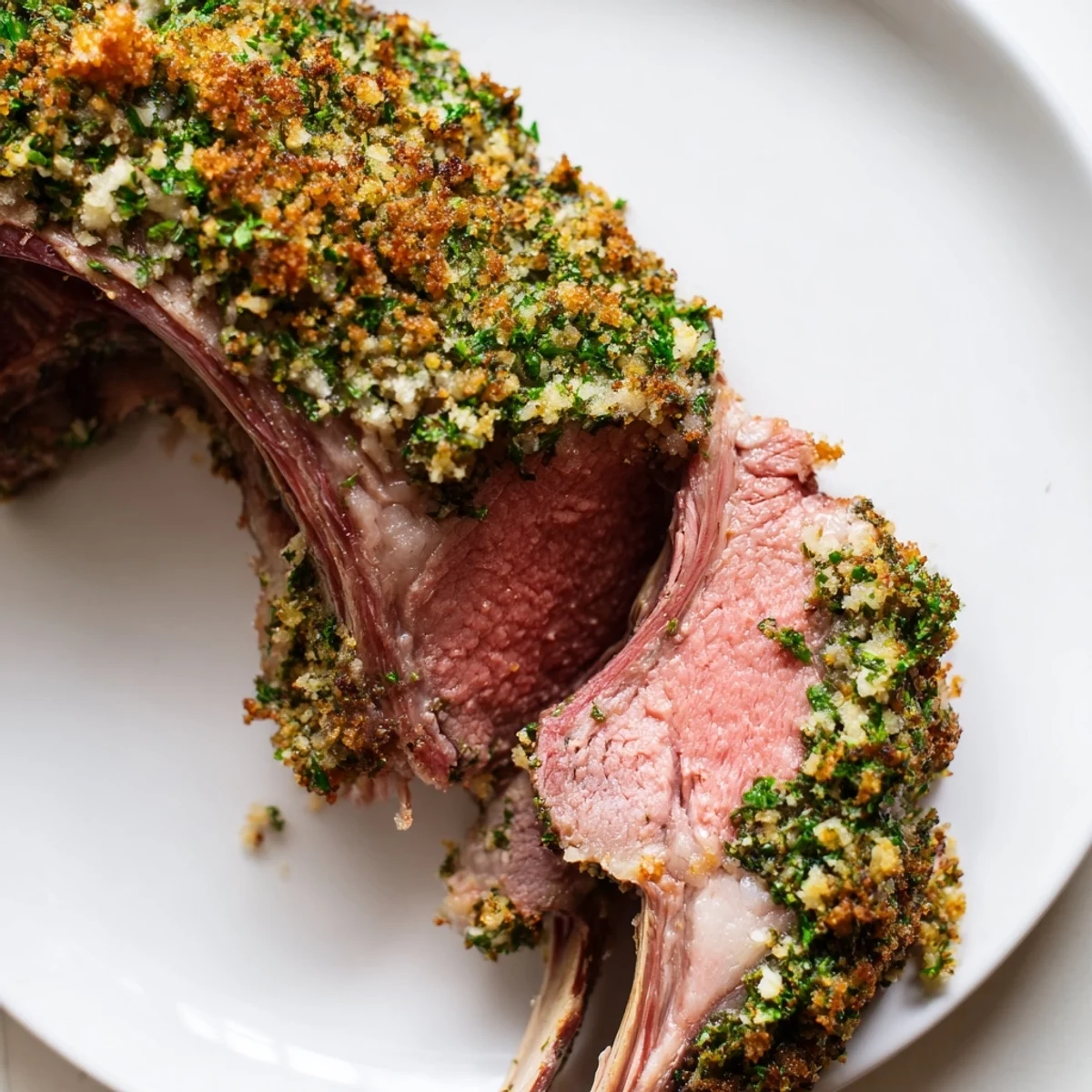 Roasted Lamb Rack with Herb Crust served beside roasted potatoes and vegetables on a rustic dinner table.