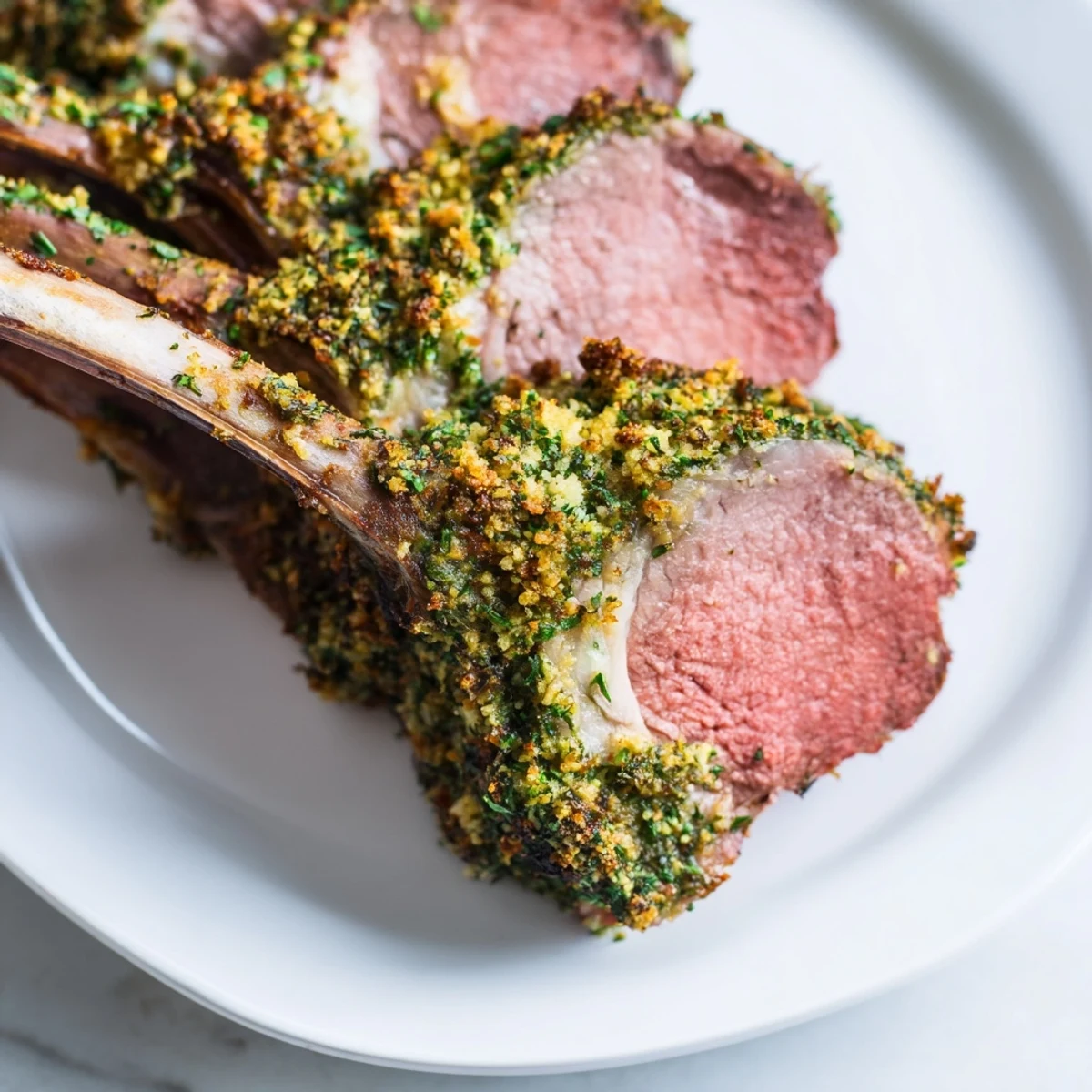 Freshly roasted Roasted Lamb Rack with Herb Crust sliced into juicy chops, showing a tender pink interior.