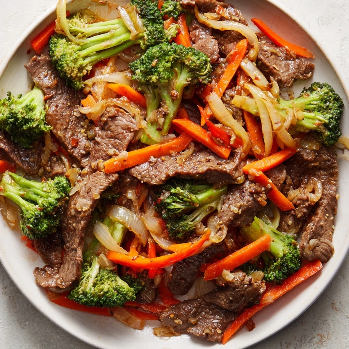 A close-up of Beef and Broccoli Stir Fry with Ginger Soy Sauce shows colorful carrots and onions mixed into the vibrant, glossy stir fry sauce.