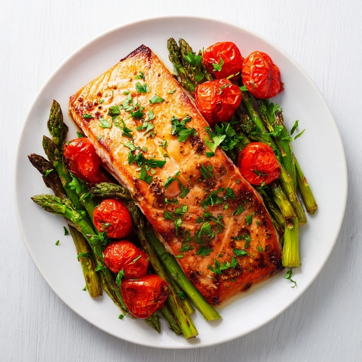 Roasted Sheet Pan Salmon with Asparagus and Cherry Tomatoes garnished with fresh parsley and lemon zest.