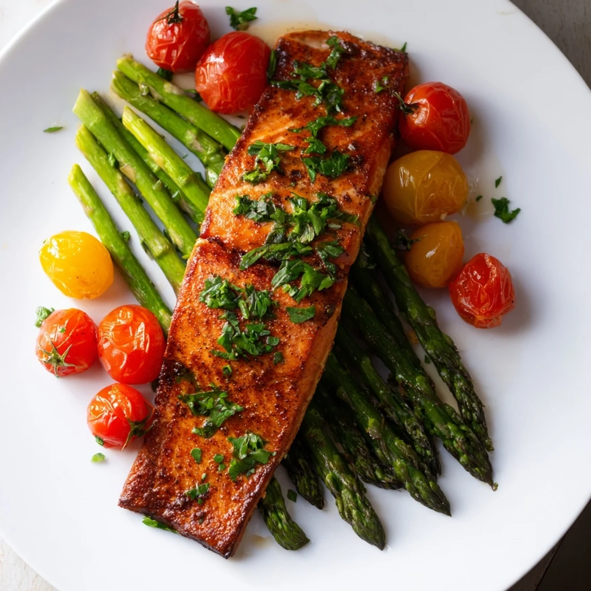 Juicy Sheet Pan Salmon with Asparagus and Cherry Tomatoes with bright lemon and herbs on a warm dinner table.