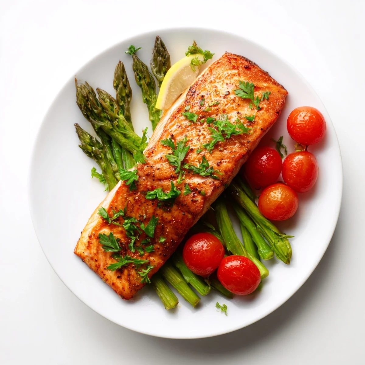 Sheet Pan Salmon with Asparagus and Cherry Tomatoes served alongside fluffy quinoa on a rustic white plate.