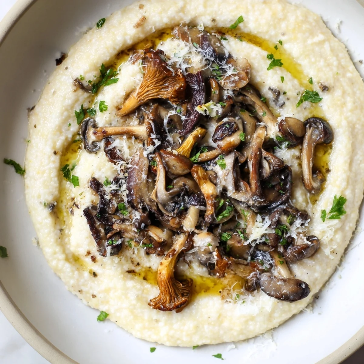 Creamy polenta topped with roasted wild mushrooms, fresh thyme, and grated Parmesan cheese served in a rustic bowl.  