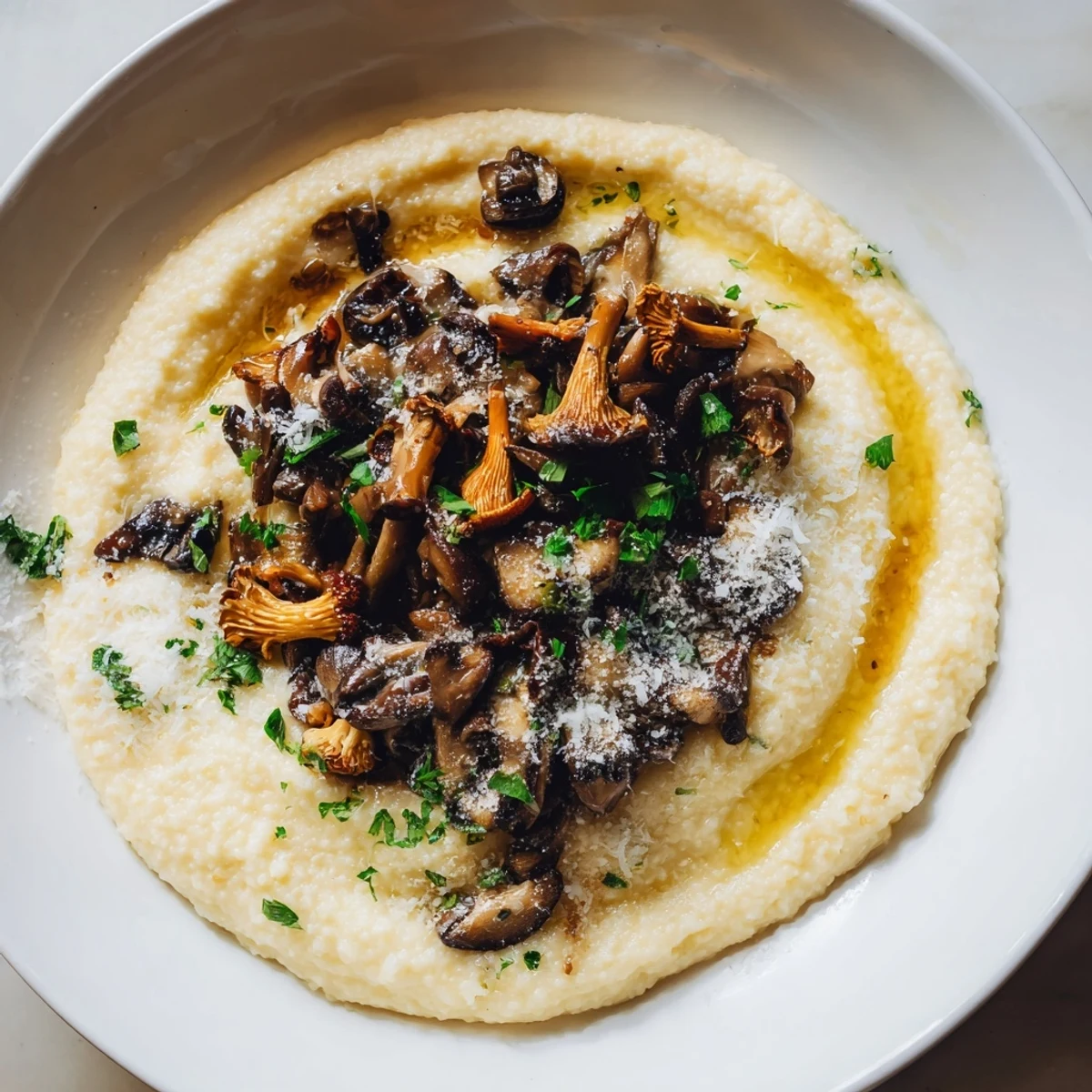Creamy polenta with golden roasted wild mushrooms, garlic, and herbs, presented in a warm serving dish for four.