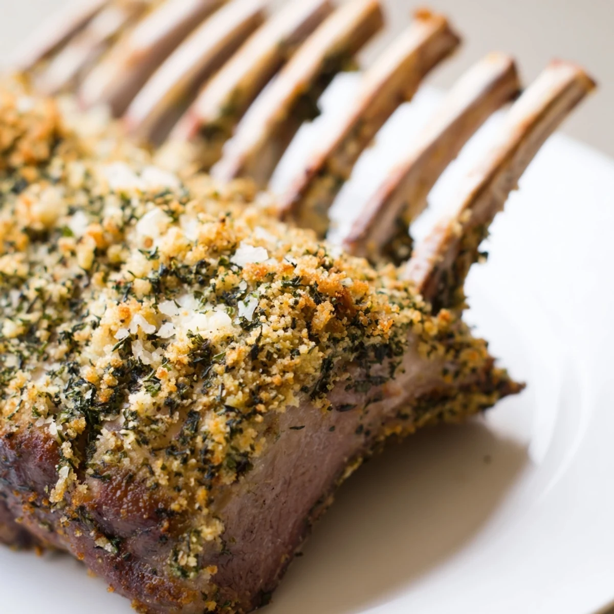 Roasted Lamb Rack with Herb Crumb Crust features juicy pink meat and a crisp Parmesan topping.
