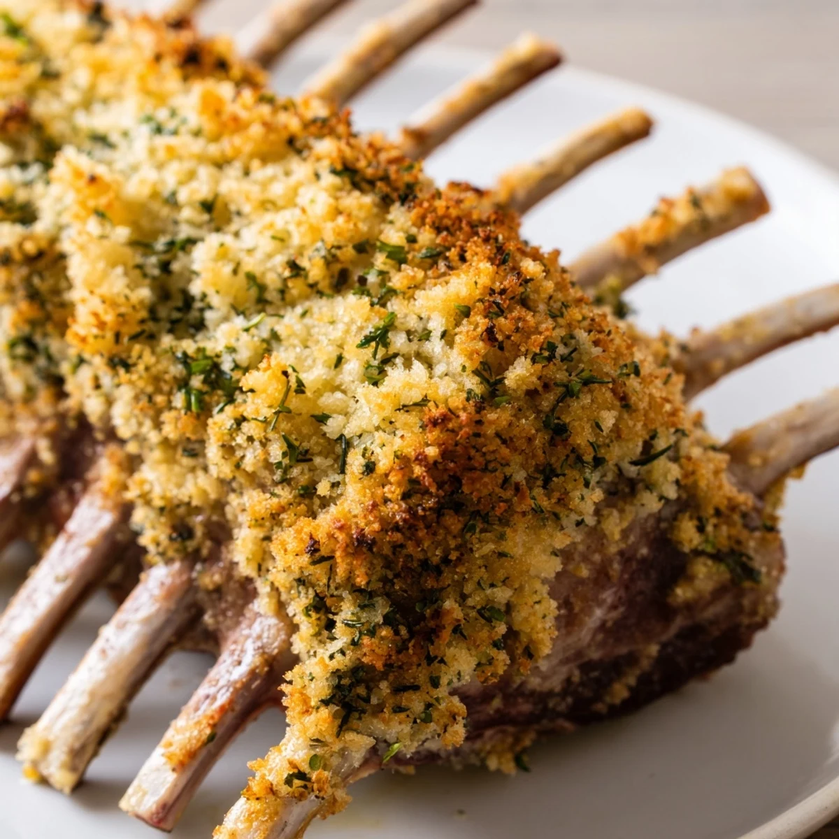 Golden-brown Roasted Lamb Rack with Herb Crumb Crust rests sliced on a wooden board, ready to serve.