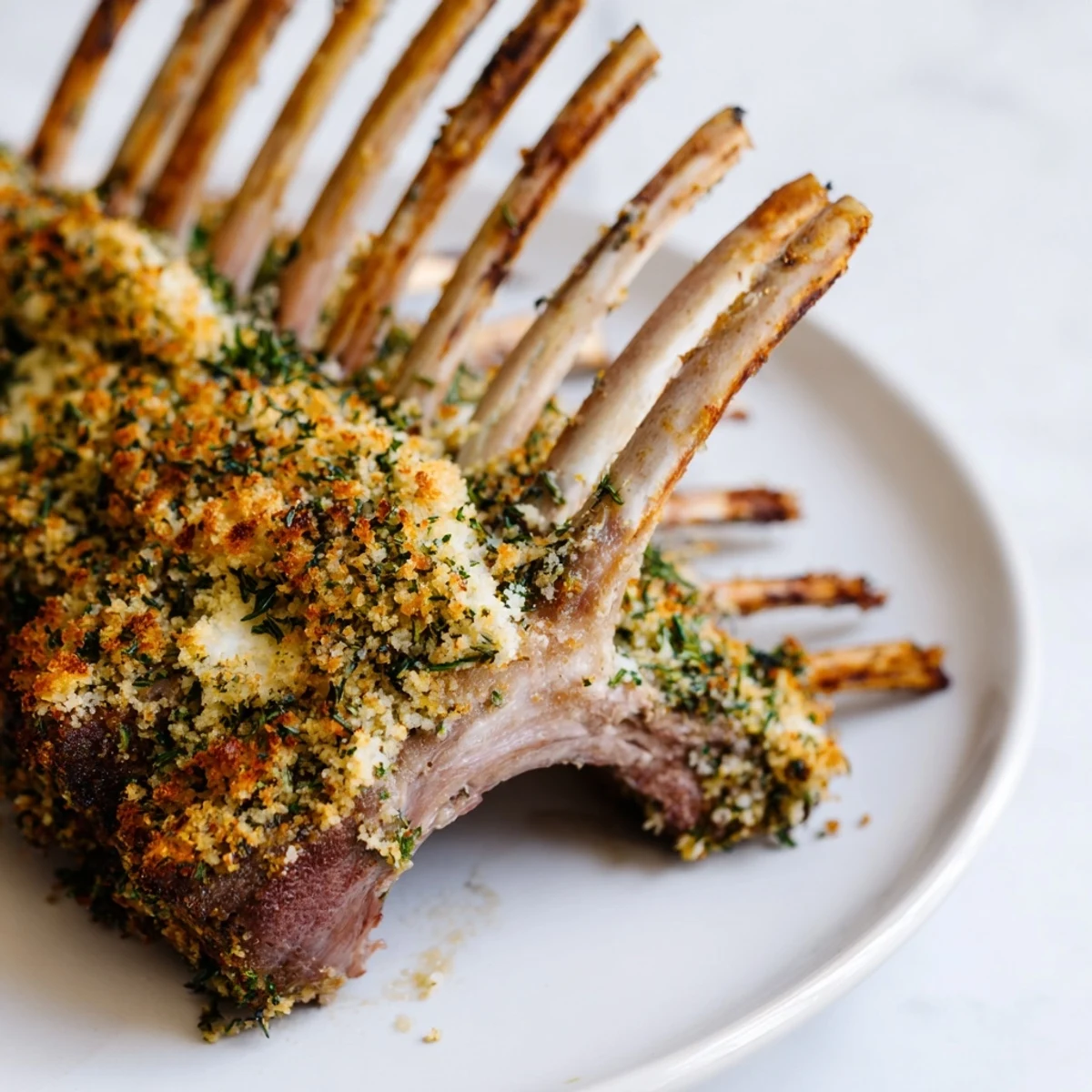 Slice of Roasted Lamb Rack with Herb Crumb Crust plated next to roasted carrots and thyme.