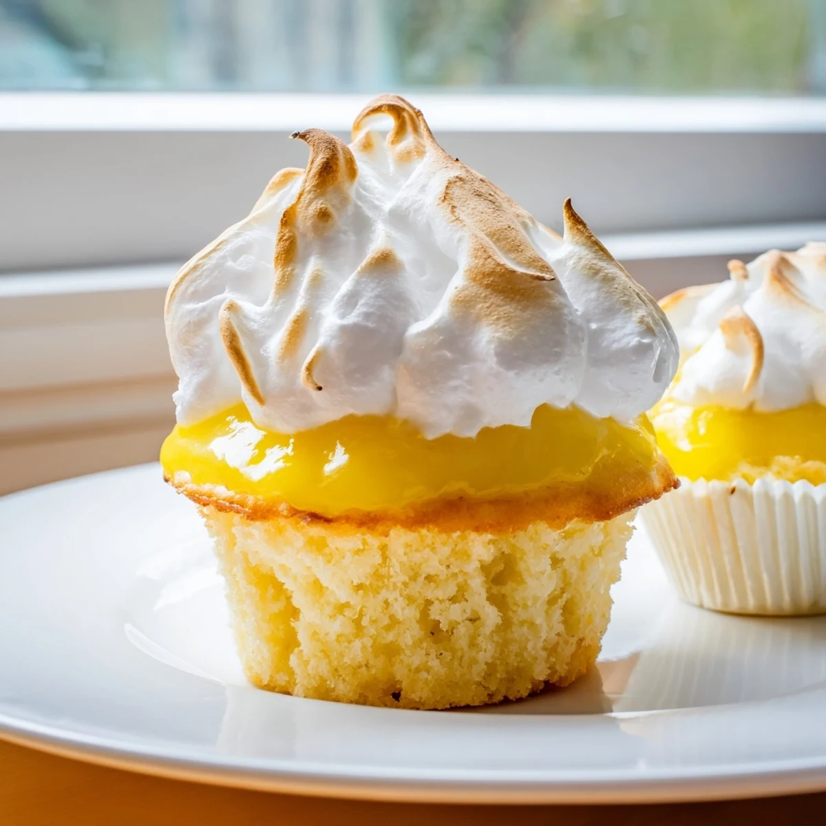 Freshly baked Lemon Meringue Cupcakes with toasted peaks sit beside lemon slices on a rustic wooden table.