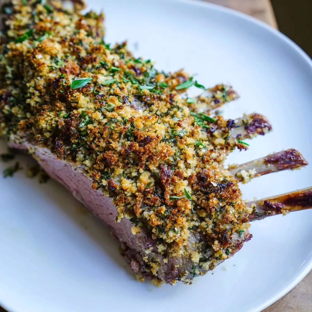 A beautiful slice showing the tender pink interior of roasted lamb rack with herb crumb crust, garnished with fresh rosemary and thyme.